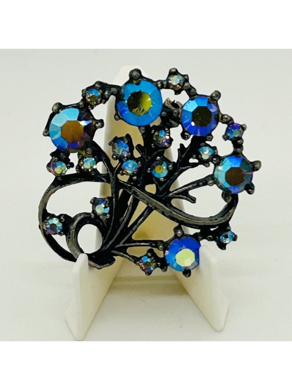 Vintage Aurora Borealis Rhinestone Brooch Peacock Colored Pin Gunmetal